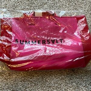 Summersalt red pink neoprene beach tote with handles, snap closure, inner pocket